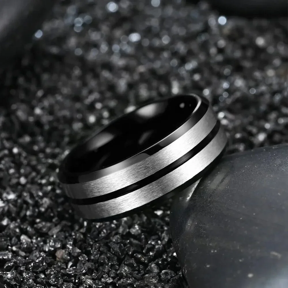 New Men Quality Stylish Sliver And Black Wedding Formal Ring